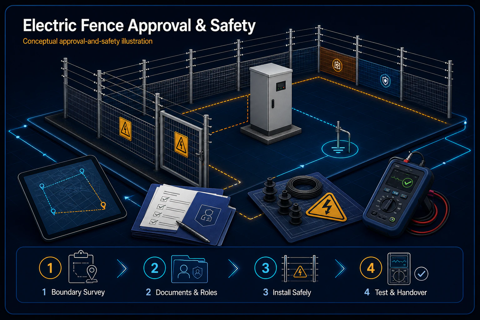 Conceptual electric-fence approval and safety Canvas showing a generic boundary, documentation, appointed roles and test handover without hazardous construction detail.