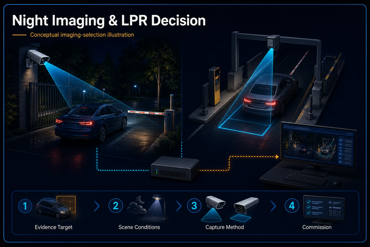 Conceptual night-imaging and licence-plate capture decision Canvas using a generic camera, vehicle and lighting scene without brand or performance claims.