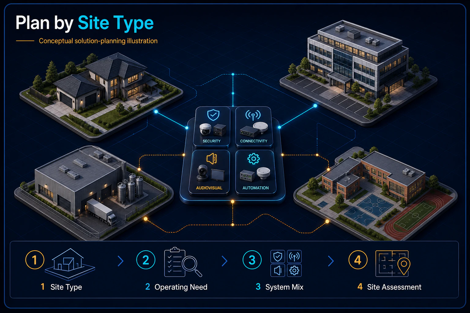 Conceptual Solution Master Canvas showing generic residential, commercial, industrial and institutional sites moving into an assessed system plan.