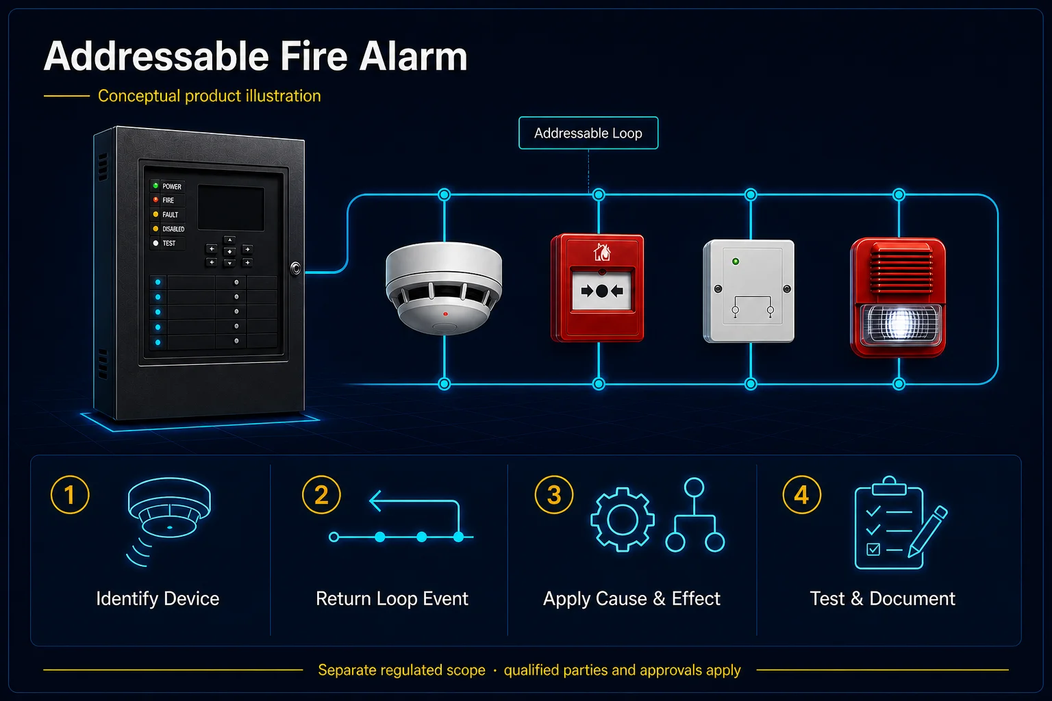 Conceptual Addressable Fire Alarm canvas showing a generic panel and identifiable detector, call-point, interface and notification devices on one representative loop without address or quantity claims.