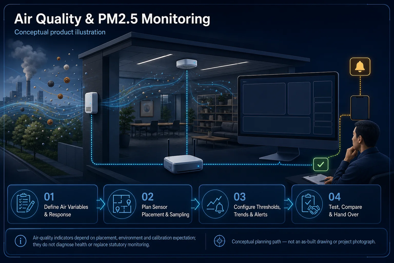 Conceptual Air Quality and PM2.5 Monitoring canvas showing generic indoor and outdoor air paths, abstract particles, sensors, gateway, blank dashboard, alerts and operator response without health-diagnosis claims.