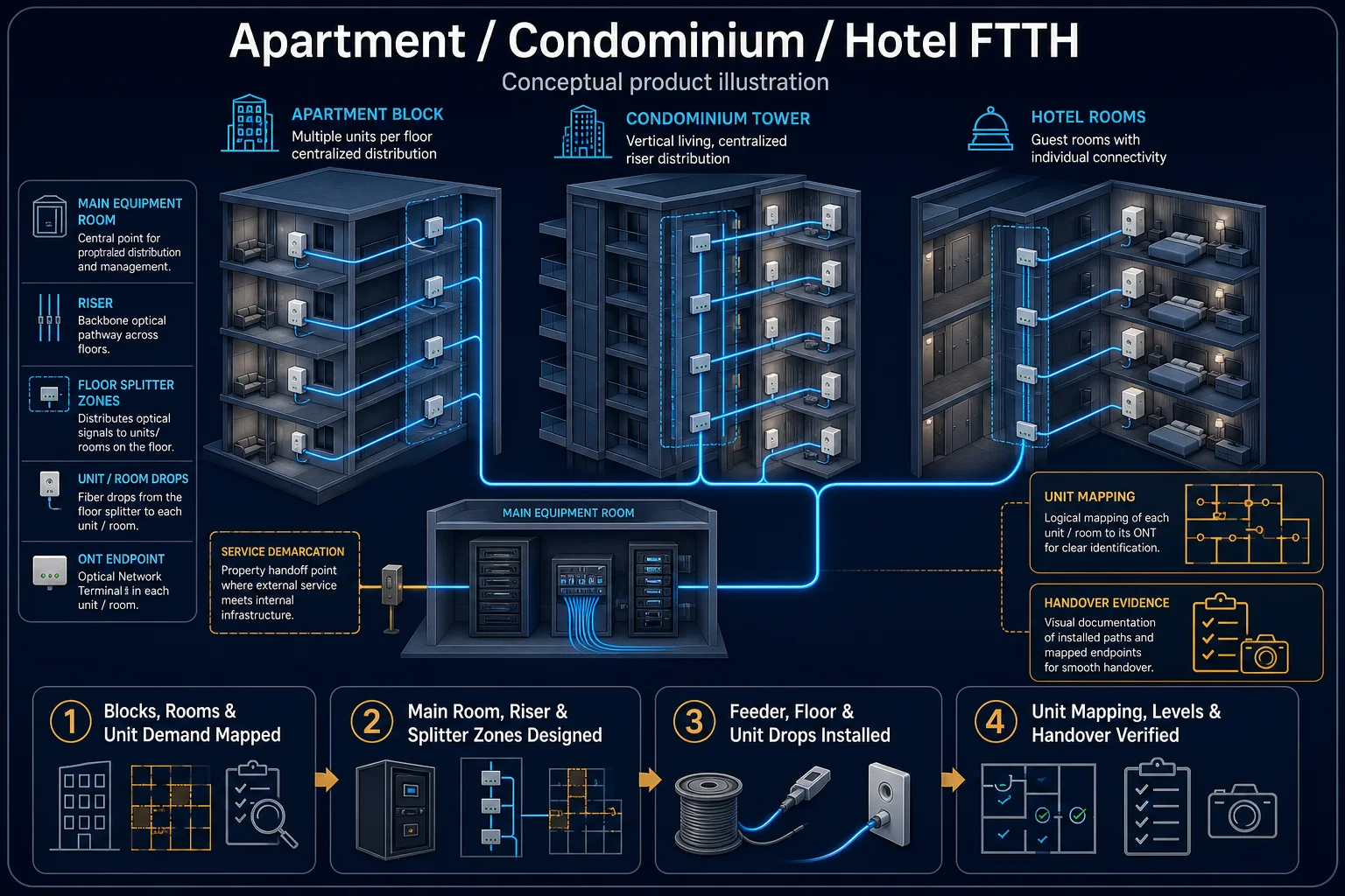 Conceptual Apartment, Condominium and Hotel FTTH canvas showing the main equipment room, service demarcation, riser, floor splitter zones, unit or room drops, generic ONT endpoints and handover mapping.