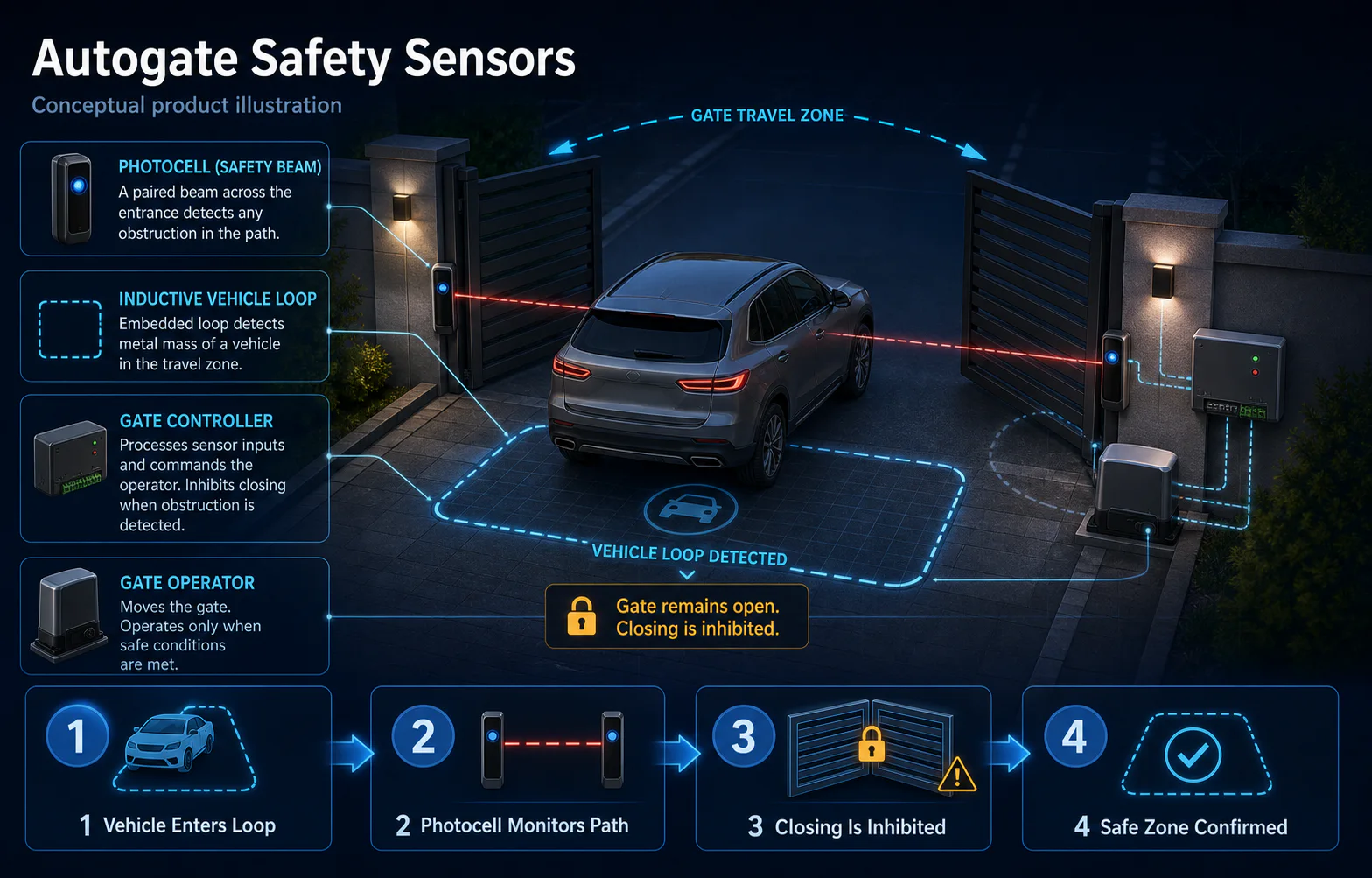 Conceptual Autogate Safety Sensors canvas showing a vehicle loop, paired photocells, controller, gate operator and inhibited-closing workflow.