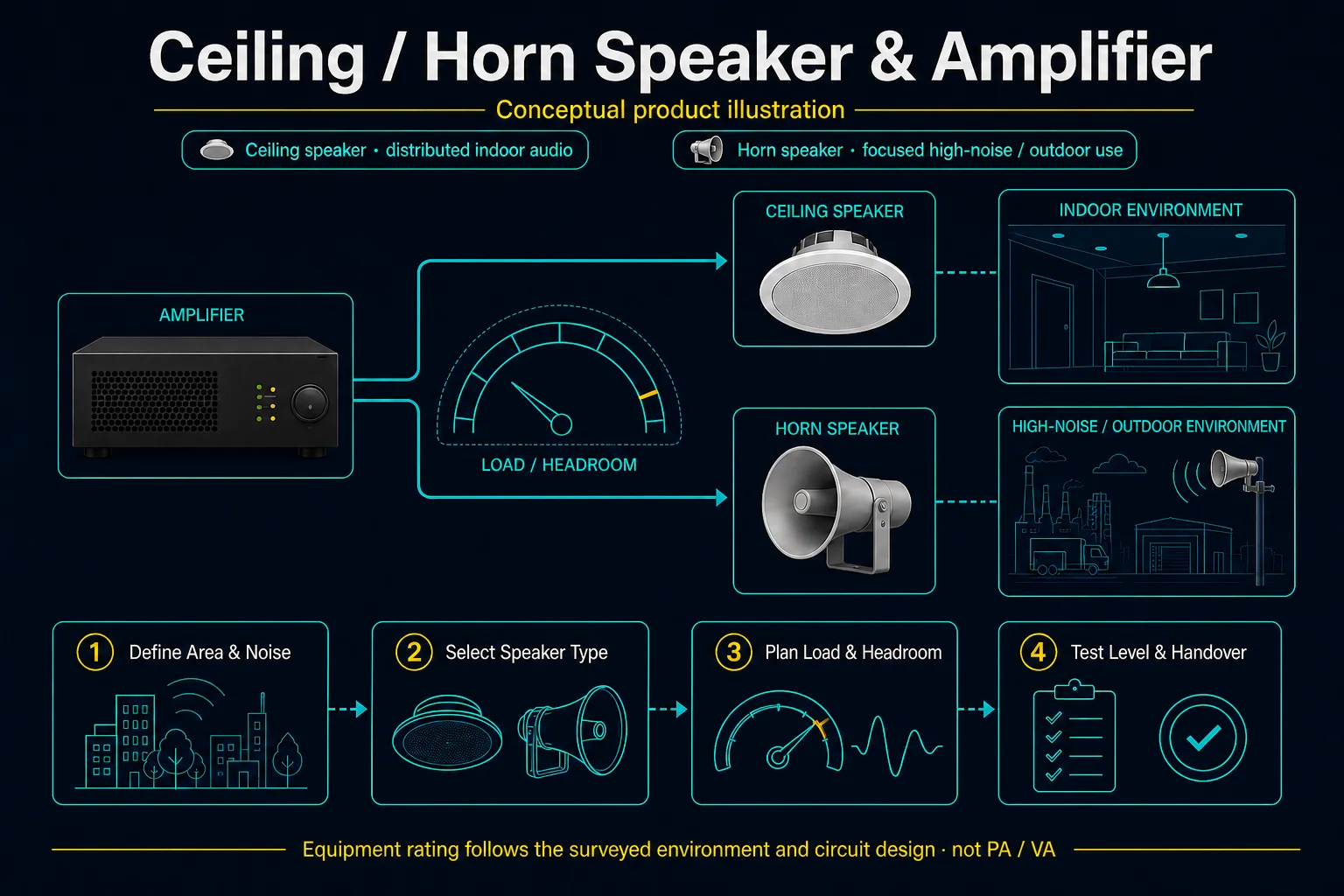 Conceptual Ceiling and Horn Speaker with Amplifier canvas comparing generic indoor distributed and focused high-noise or outdoor approaches with a non-numeric load and headroom planning path.