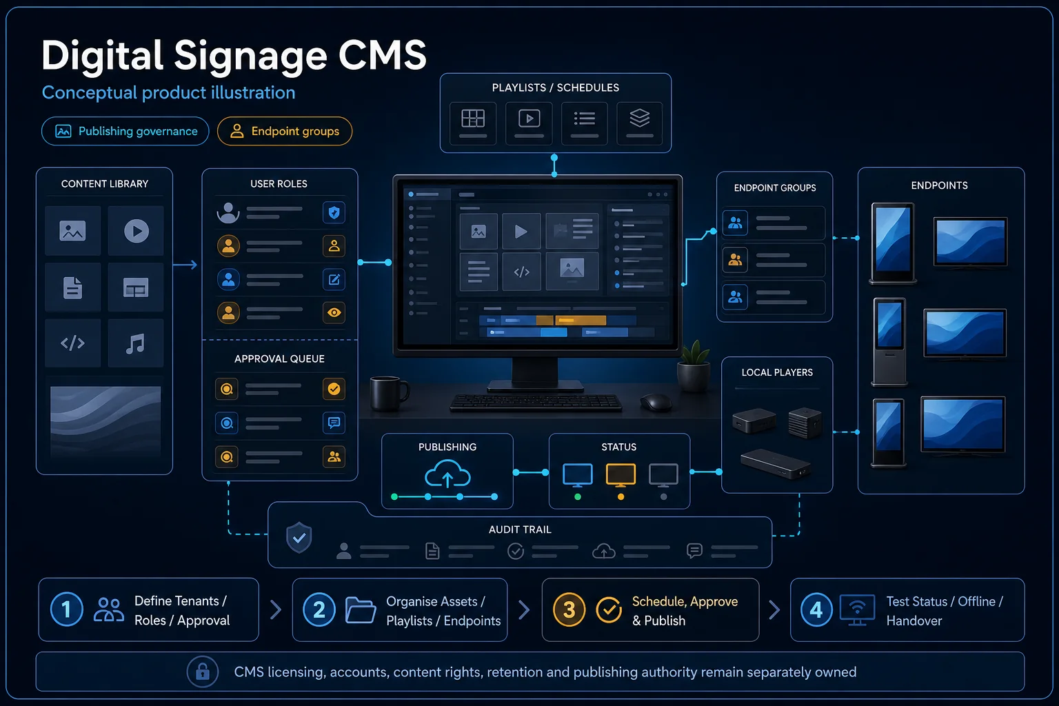 Conceptual Digital Signage CMS canvas showing content library, user roles, approval queue, playlists, publishing, status, audit trail, local players and endpoint groups.