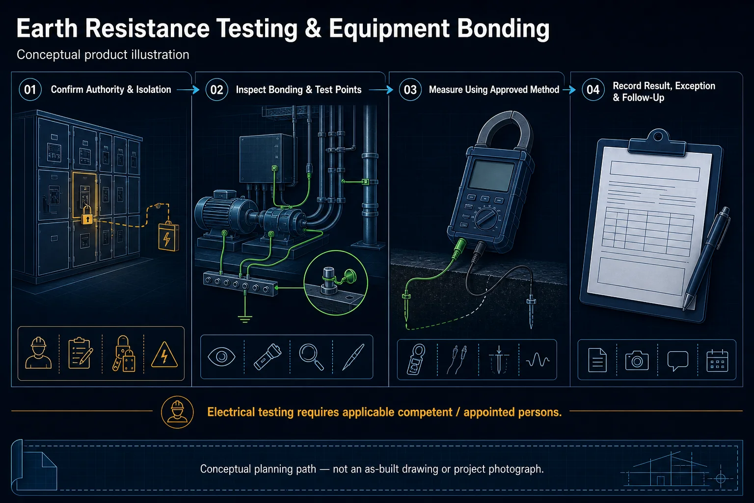 Conceptual Earth Resistance Testing and Equipment Bonding canvas showing controlled isolation, bonding inspection, test points, blank measuring instrument, approved test method, result and exception records and competent-person responsibility.
