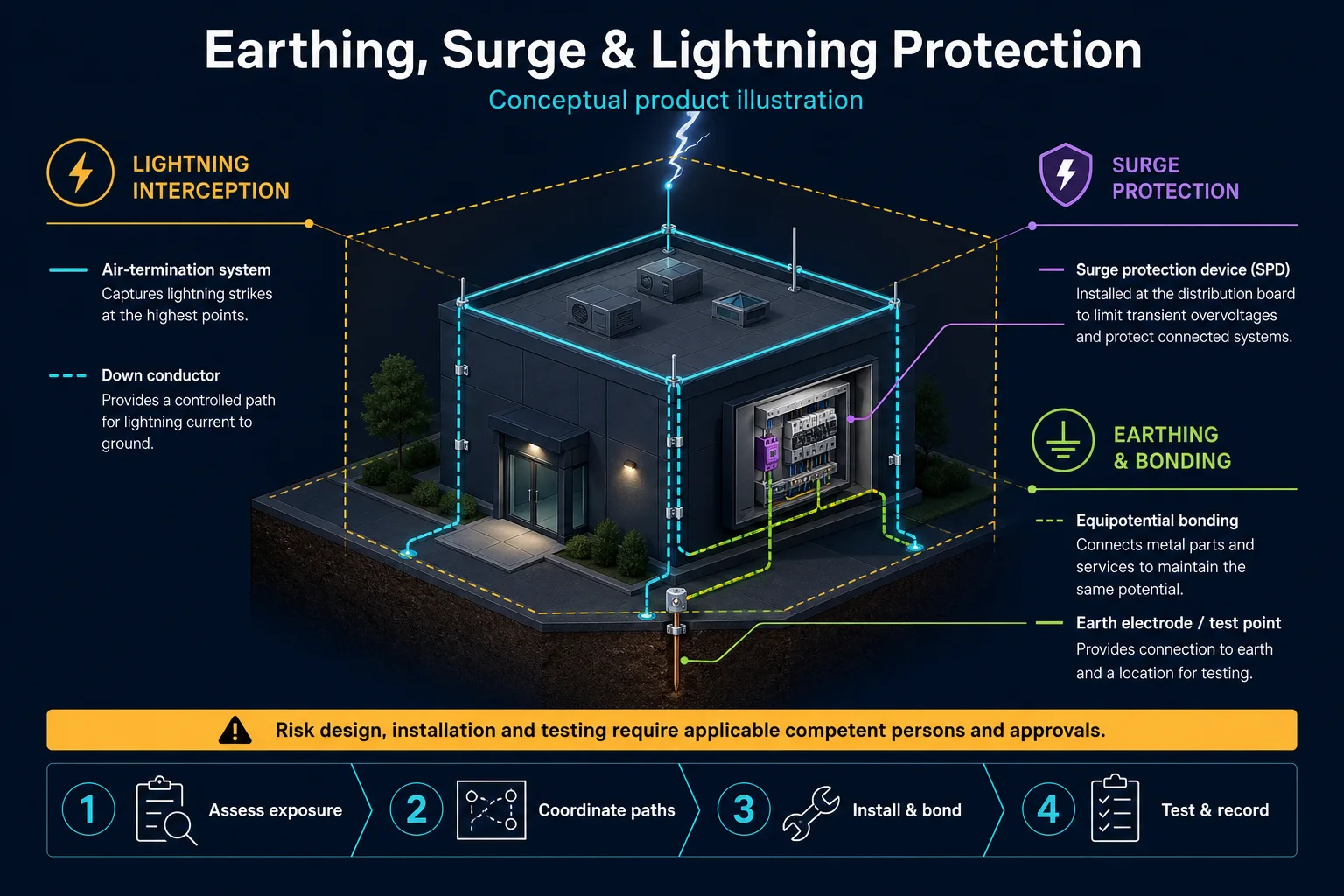 Conceptual Earthing, Surge and Lightning Protection canvas separating air termination and down conductors, earth electrodes and bonding, and surge protection at distribution.