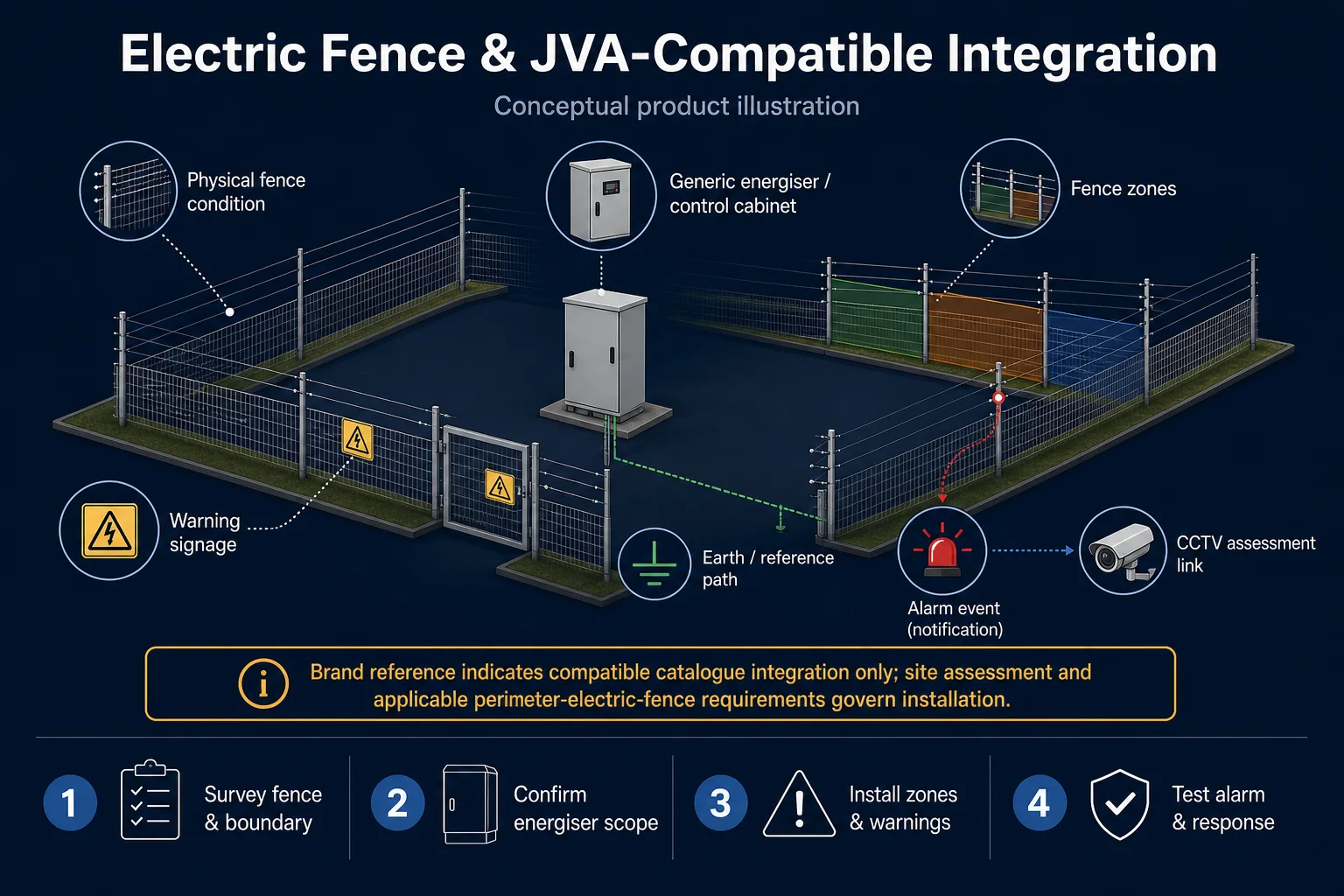 JVA electric fence energizer, perimeter wiring and alarm integration diagram