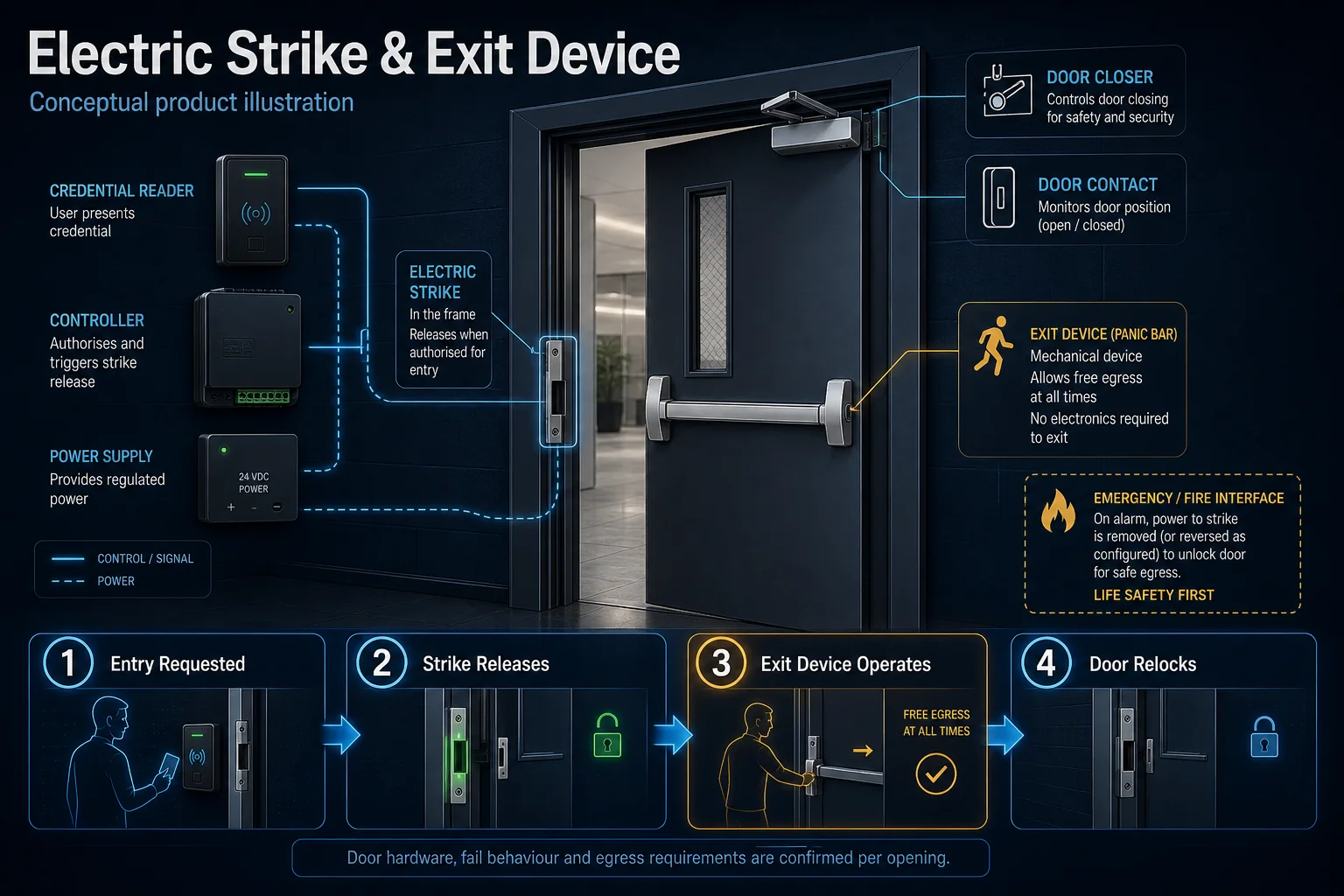 Conceptual Electric Strike and Exit Device canvas showing credential entry, strike release, mechanical egress and monitored door state.