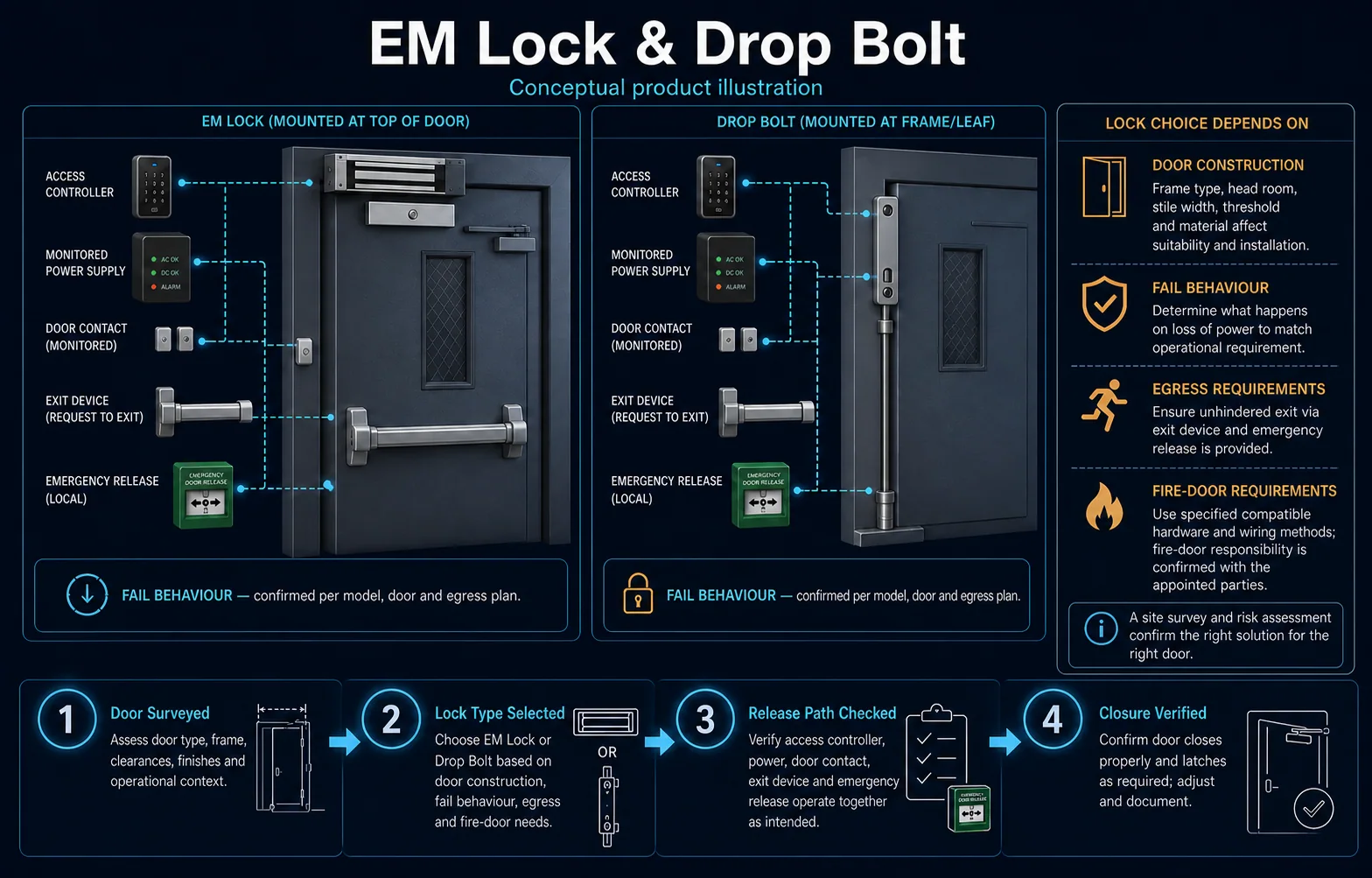 Conceptual EM Lock and Drop Bolt canvas comparing magnetic and bolt locking hardware, door monitoring, emergency release and fail-state planning.