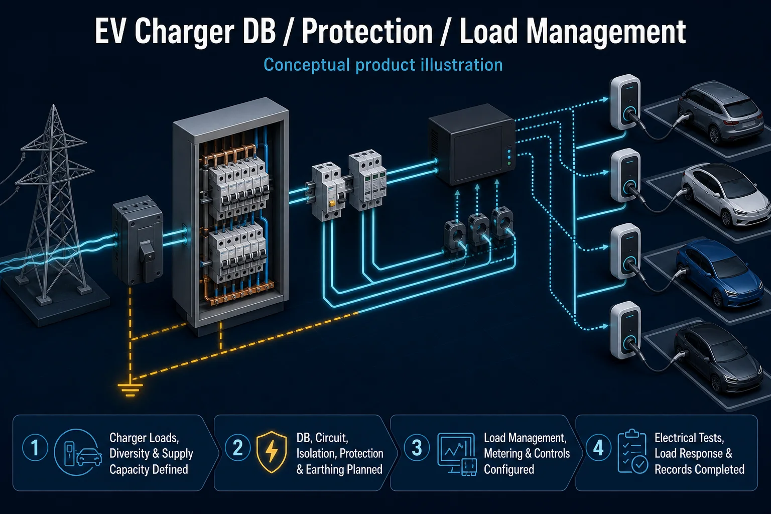 Conceptual EV Charger DB, Protection and Load Management canvas showing incoming supply, dedicated distribution, isolation, protection, earthing, blank current sensing, load control and multiple charger endpoints.