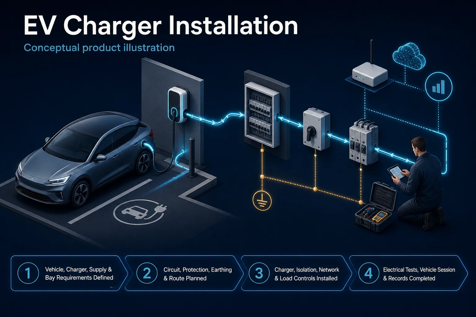 Conceptual EV Charger Installation canvas showing a generic vehicle and charger, dedicated distribution, isolation, protection, earthing, optional network and load controls, and competent-person test and handover stages.