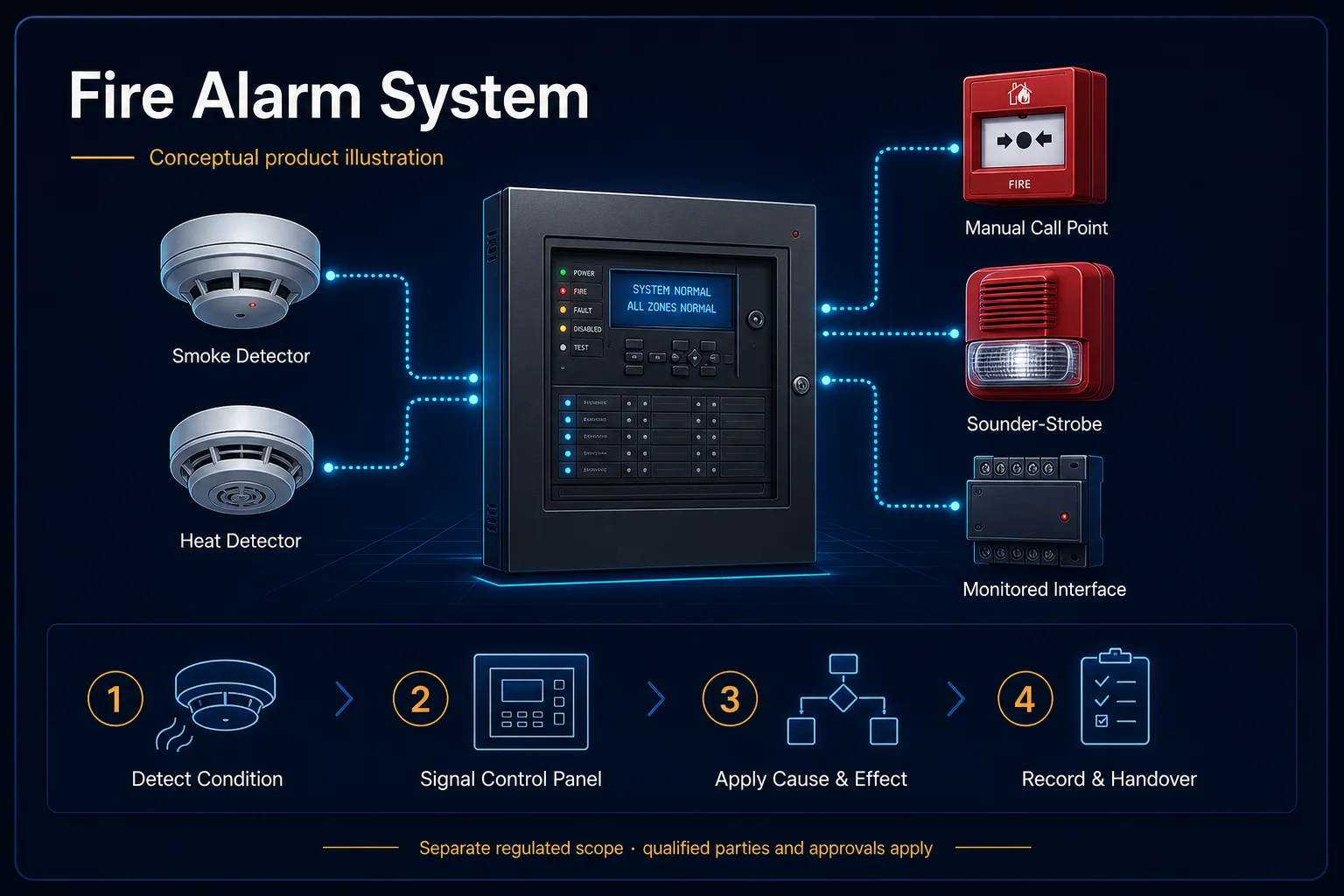 Conceptual Fire Alarm System canvas showing a generic control panel connected to smoke and heat detection, manual initiation, notification and monitored interfaces, with a regulated-scope boundary.