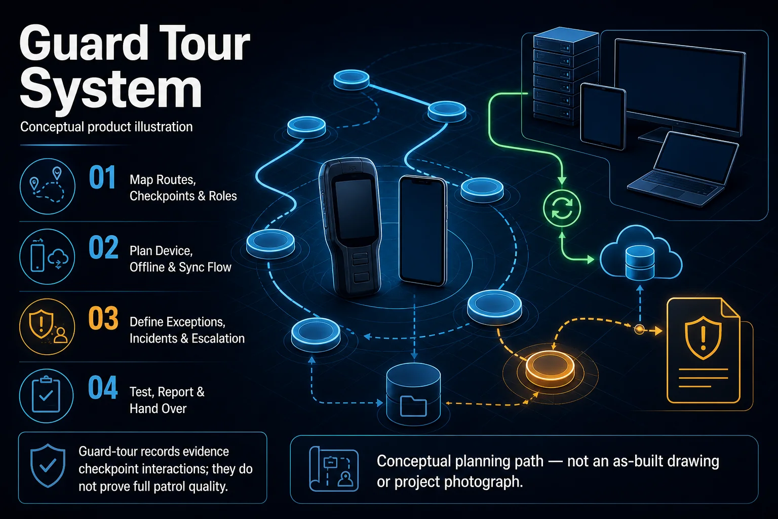 Conceptual Guard Tour System canvas showing a generic patrol reader, phone, abstract checkpoints and routes, offline storage, synchronisation, exception escalation, blank reporting views and authorised operational handover.