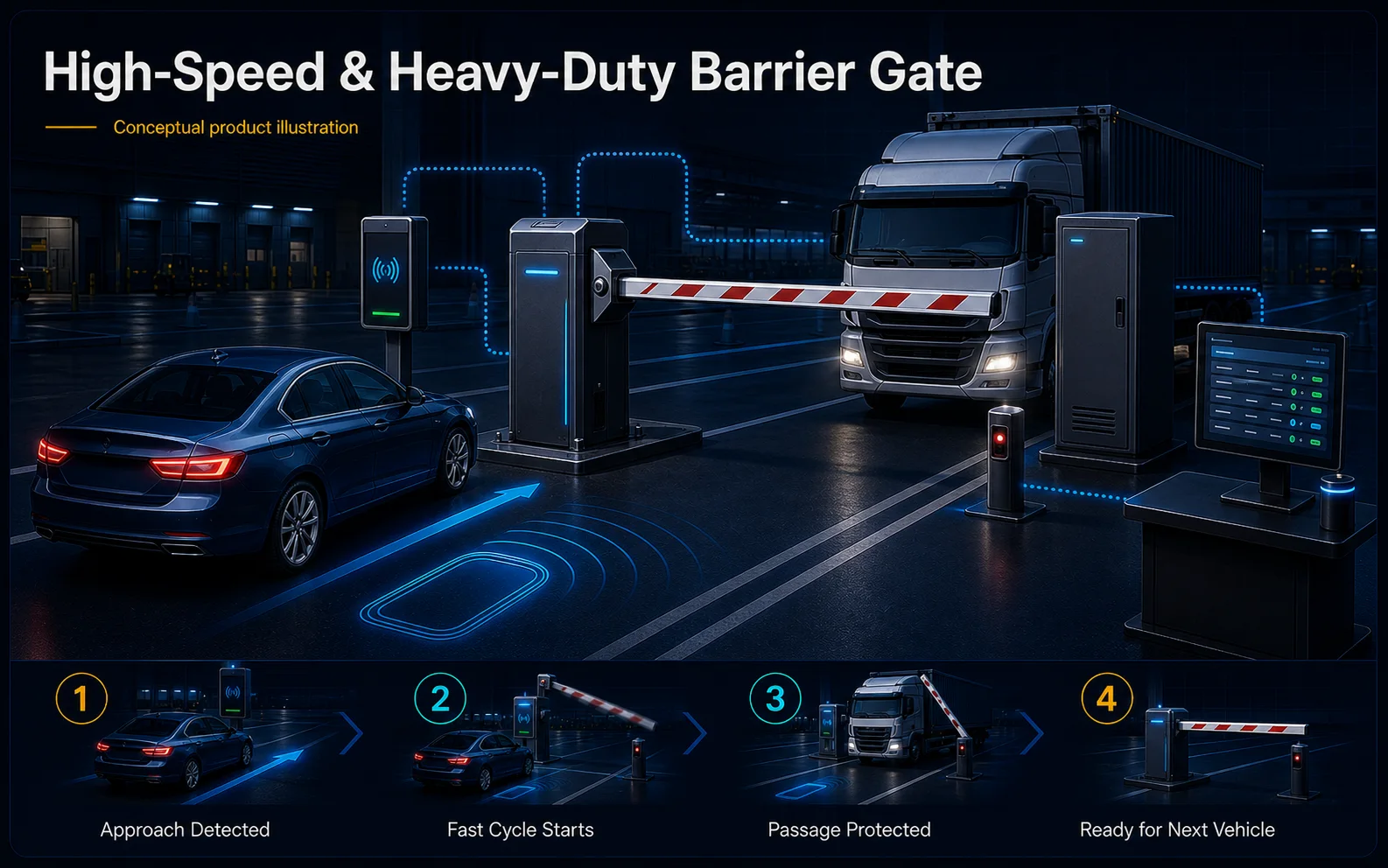 Conceptual High-Speed and Heavy-Duty Barrier Gate canvas showing a reinforced industrial lane, mixed vehicles, safety sensing and repeated-duty workflow.