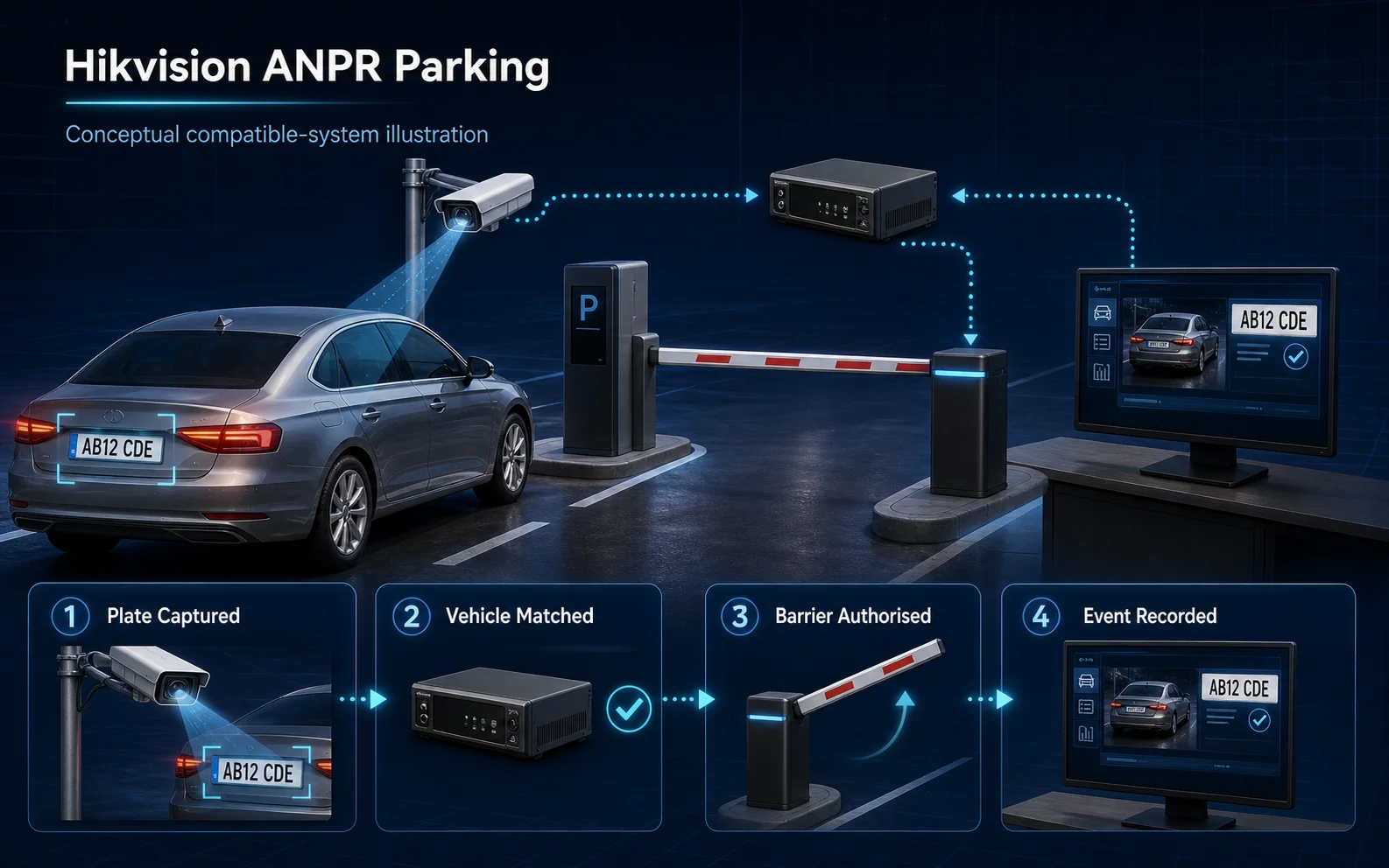Conceptual compatible-system Hikvision ANPR Parking canvas showing plate capture, vehicle matching, barrier authorisation and event recording without a partnership claim.