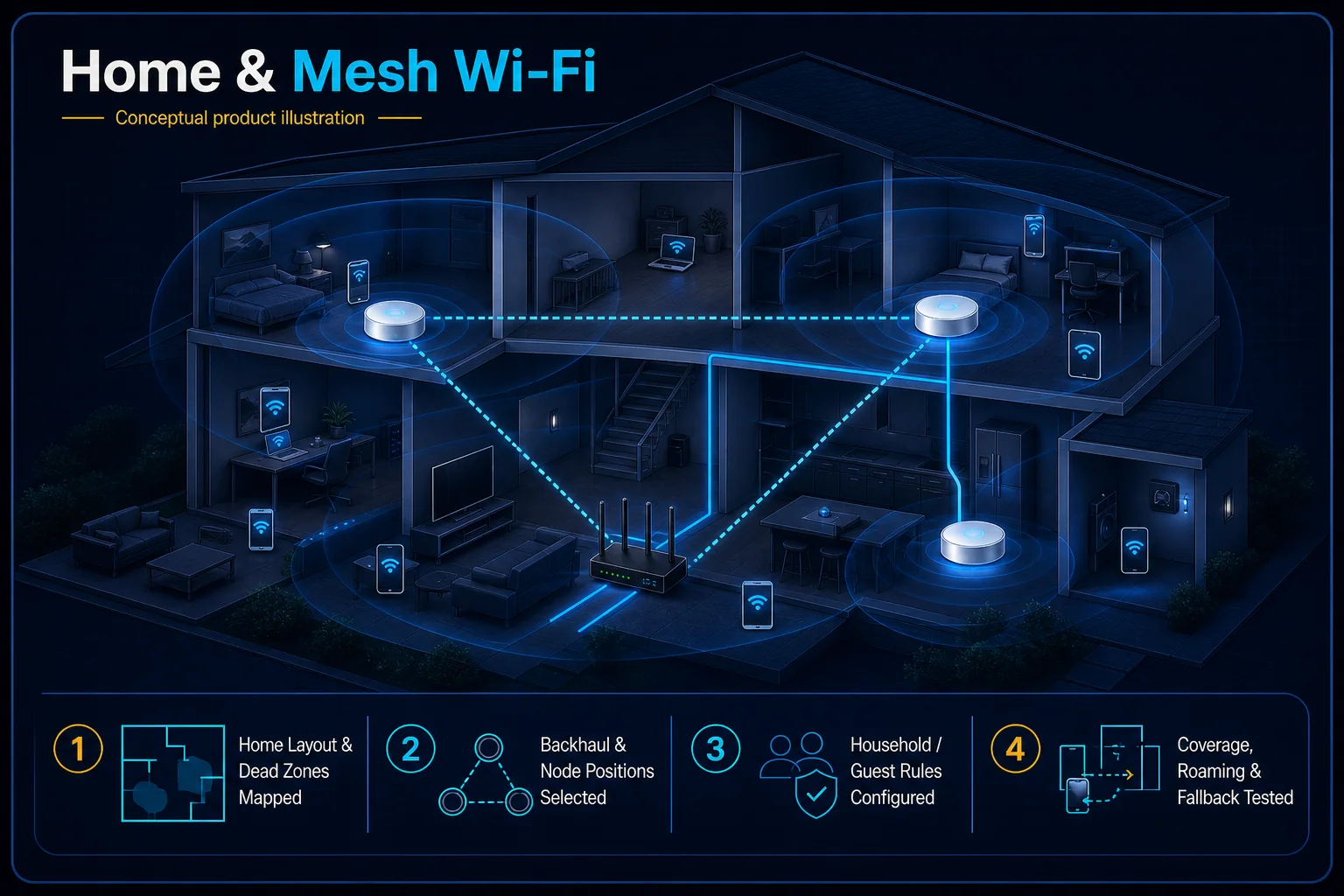 Conceptual Home and Mesh Wi-Fi canvas showing a residential layout, planned node positions, backhaul, overlapping coverage, household and guest rules, roaming and fallback checks.