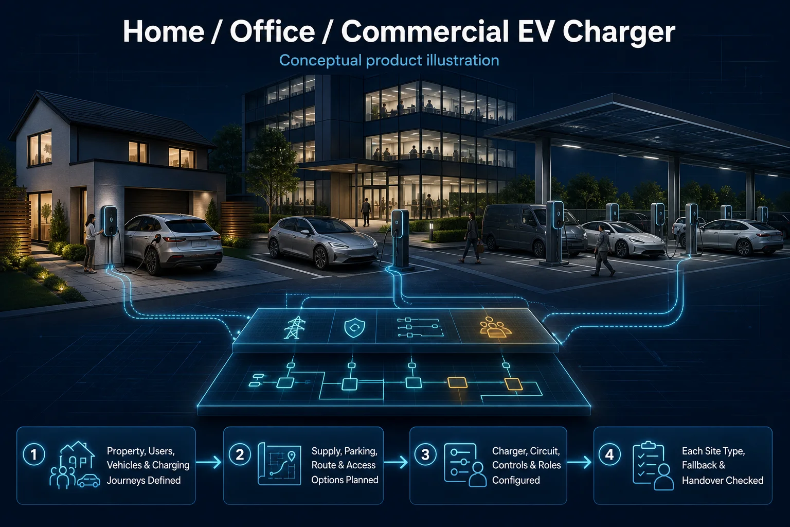 Conceptual Home, Office and Commercial EV Charger canvas comparing anonymous residential, workplace and commercial parking settings through shared supply, protection, access and load-control planning.