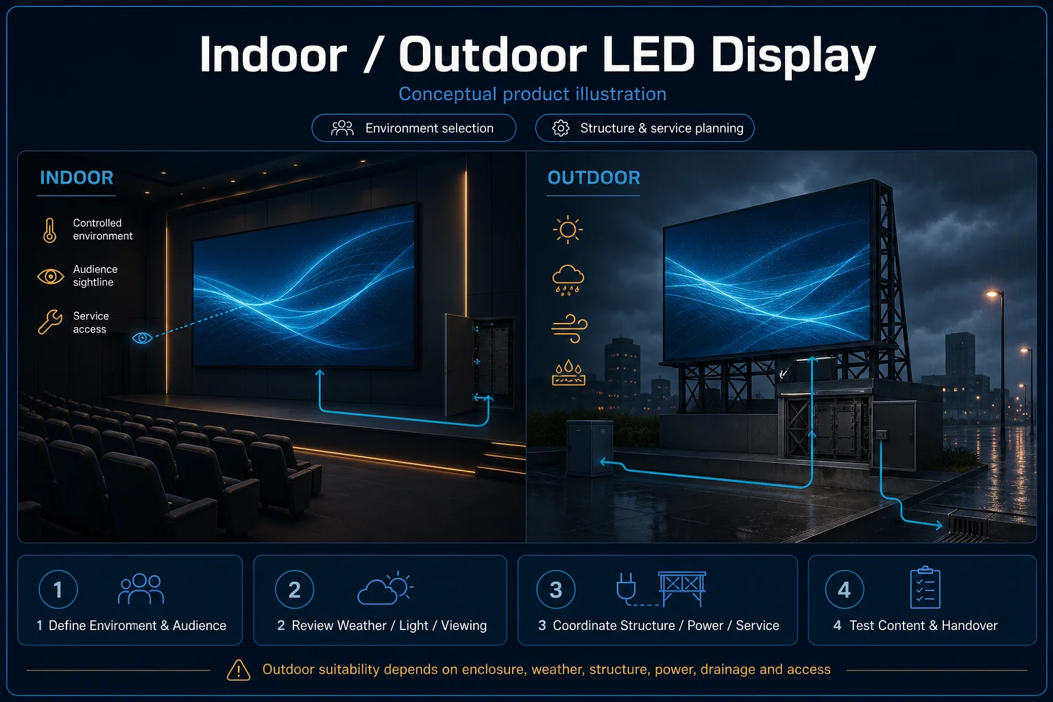 Conceptual Indoor and Outdoor LED Display canvas comparing controlled indoor conditions with exposed sunlight, rain, wind, drainage, structure and service-access planning.