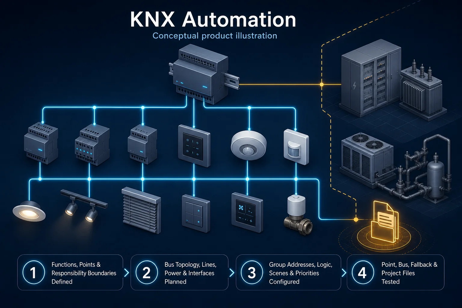 Conceptual KNX Automation Project in Sarawak system context. KNX Automation Project in Sarawak is shown as a conceptual engineering capability, not a completed project or client evidence.