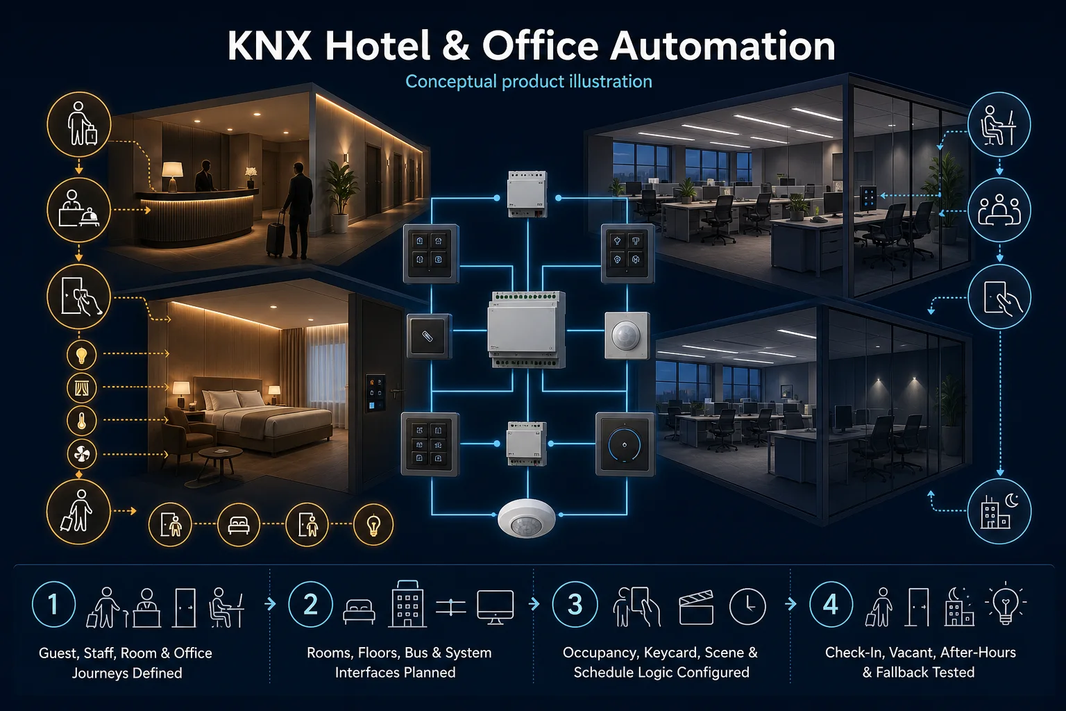 Conceptual KNX Hotel and Office Automation canvas showing anonymous hotel and office journeys, blank controllers, occupancy and keycard inputs, room panels, lighting, shading and climate scenes with local fallback.