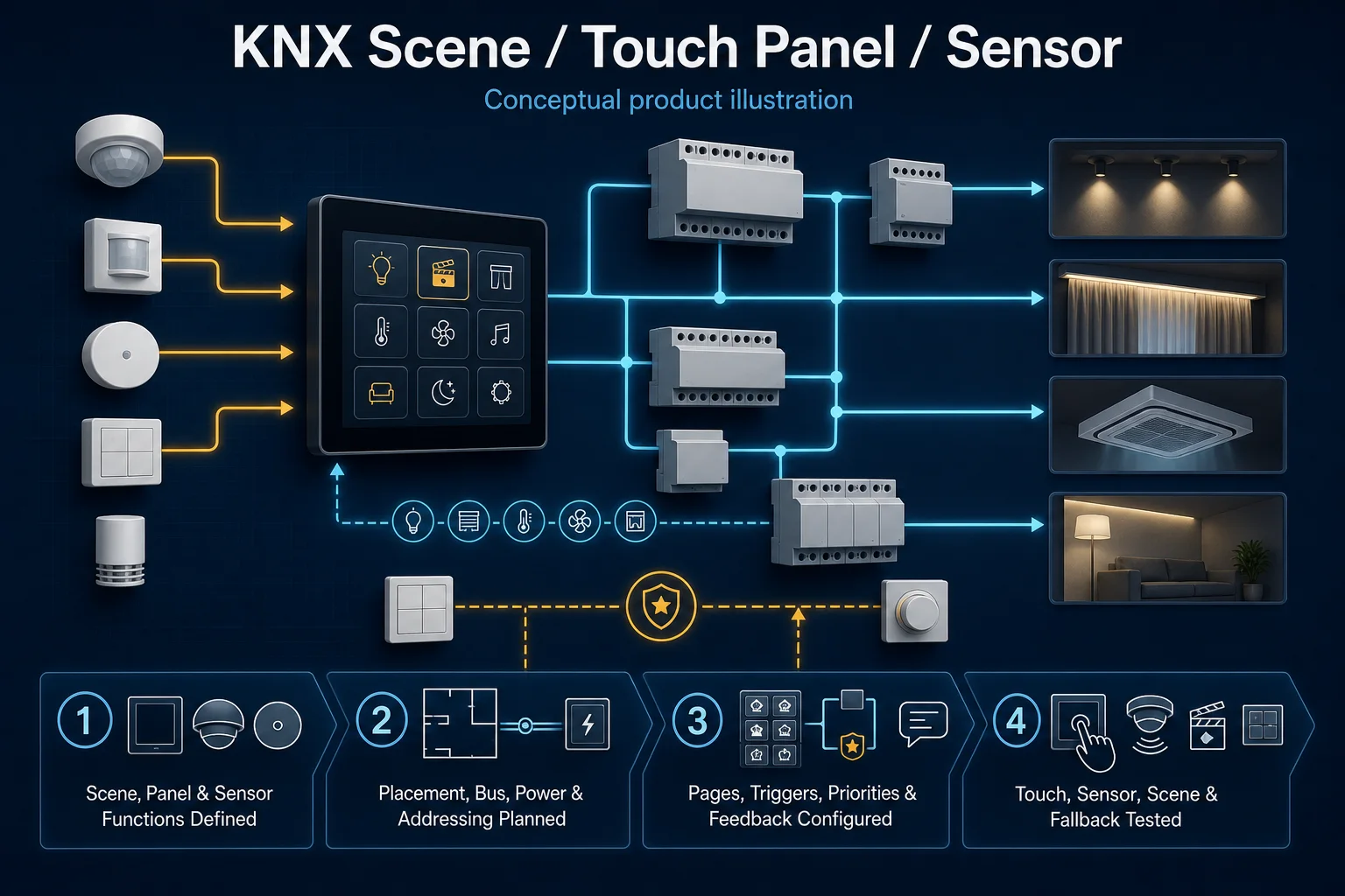 Conceptual KNX Commissioning & Upgrade in Kuching system context. KNX Commissioning & Upgrade in Kuching combines the installed-system path with the stated service mode; diagnosis and corrective scope remain subject to inspection and approval.