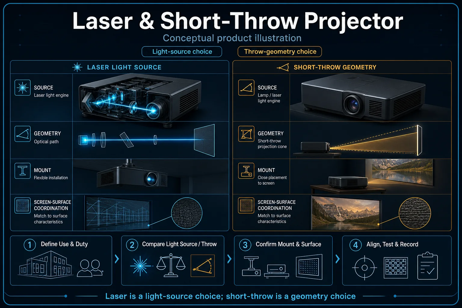 Conceptual Laser and Short-Throw Projector canvas distinguishing the laser light-source choice from short-throw placement and projection geometry.