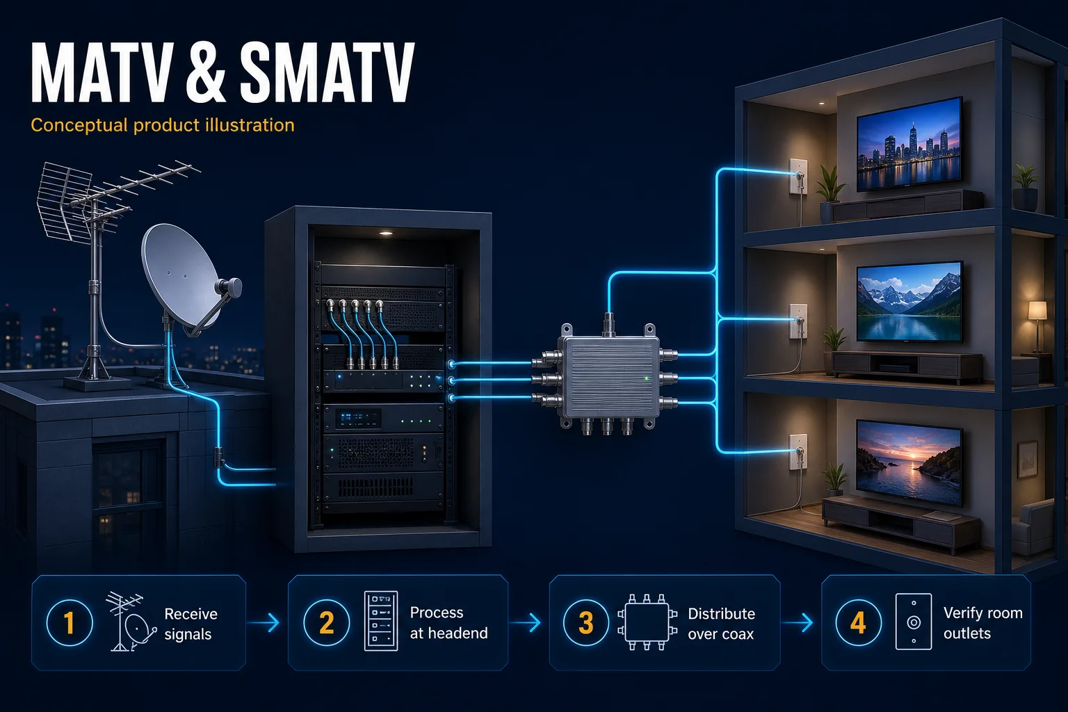 Conceptual MATV and SMATV canvas showing terrestrial and satellite reception, a generic headend, coax distribution, room outlets and television endpoints.