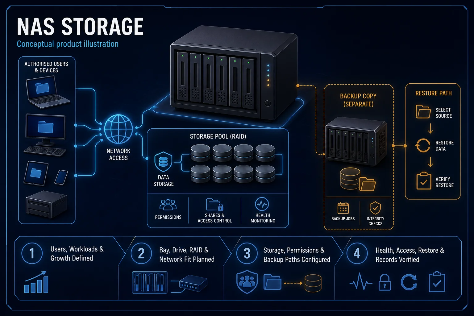 Conceptual NAS Storage canvas showing authorised users, network access, a primary multi-drive storage pool, permissions and health checks, a separate backup copy and restore verification.