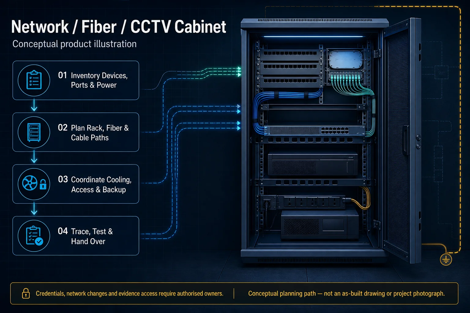 Conceptual Network, Fiber and CCTV Cabinet canvas showing blank patch panels, a fiber tray, network switch, recorder and storage, power and UPS, cable managers, ventilation, secure access and authorised ownership boundary.