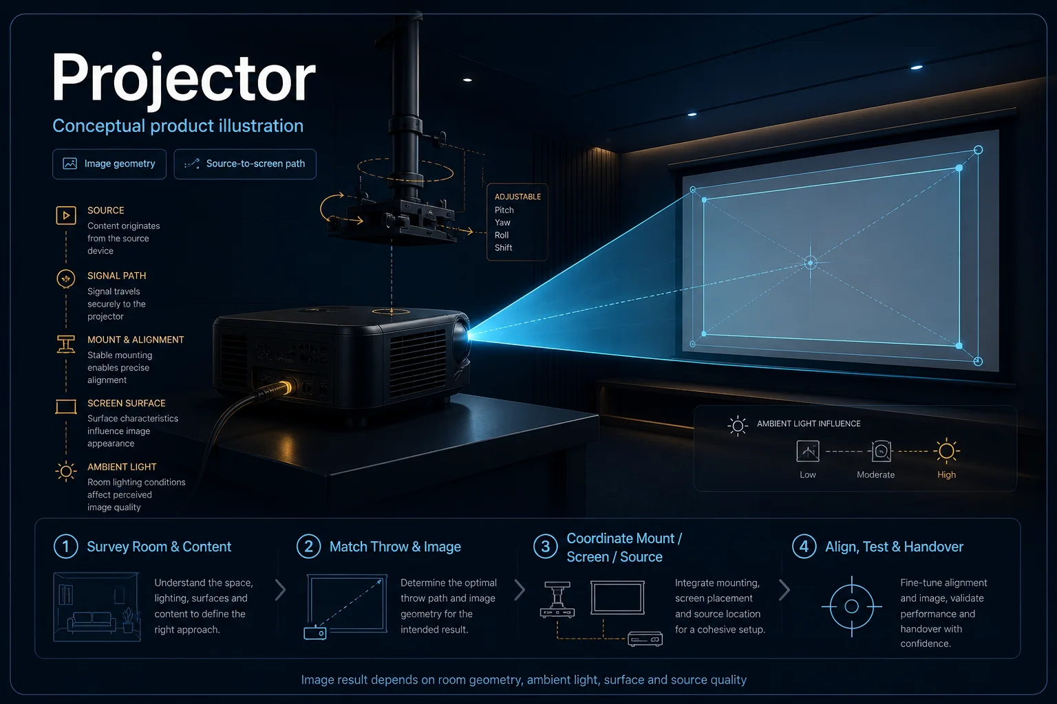 Conceptual Projector canvas showing a source-to-screen path, projection geometry, mounting and alignment, screen surface and ambient-light influence.