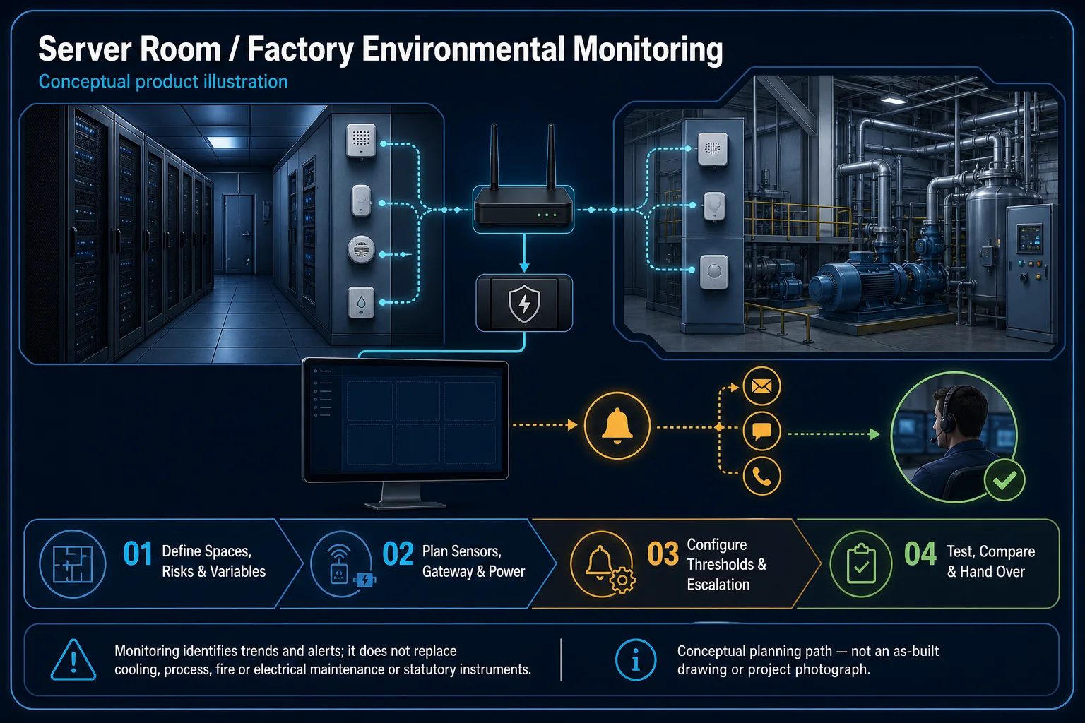 Conceptual Server Room and Factory Environmental Monitoring canvas showing generic technical spaces, sensors, gateway, protected power path, blank dashboard, alerts and operator escalation without maintenance or statutory claims.