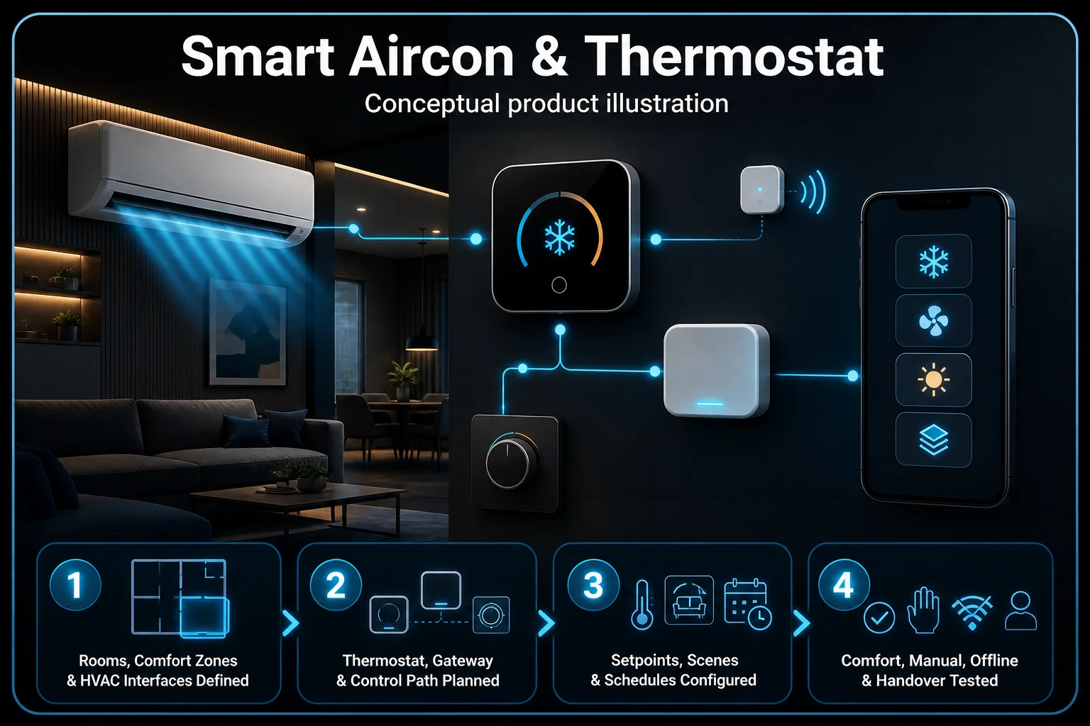 Conceptual Smart Aircon and Thermostat canvas showing a numberless thermostat, air-conditioning unit, sensor, gateway, icon-only scene panel and physical manual control with offline and handover checks.