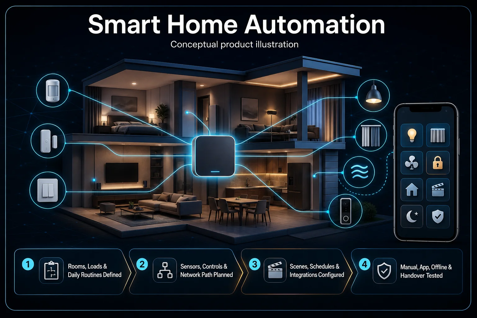 Conceptual Smart Home Automation canvas showing household rooms, sensors, a generic hub, lighting, curtains, climate and entrance control, plus physical, app and offline fallback checks.