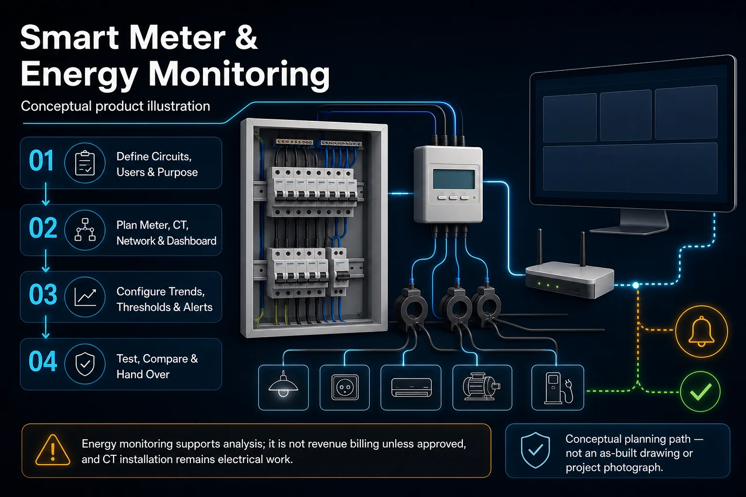 Conceptual Smart Meter and Energy Monitoring canvas showing a generic distribution board, blank meter, current transformers, representative circuits, gateway, blank dashboard, alerts and electrical-work boundary.