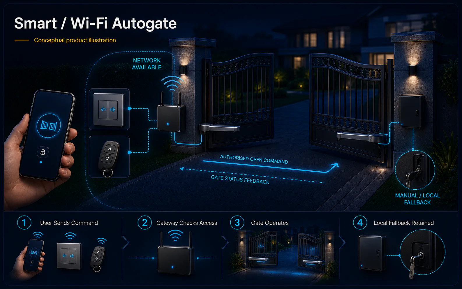 Conceptual Smart and Wi-Fi Autogate canvas showing app, gateway, local control, gate operators, status path and retained manual fallback.