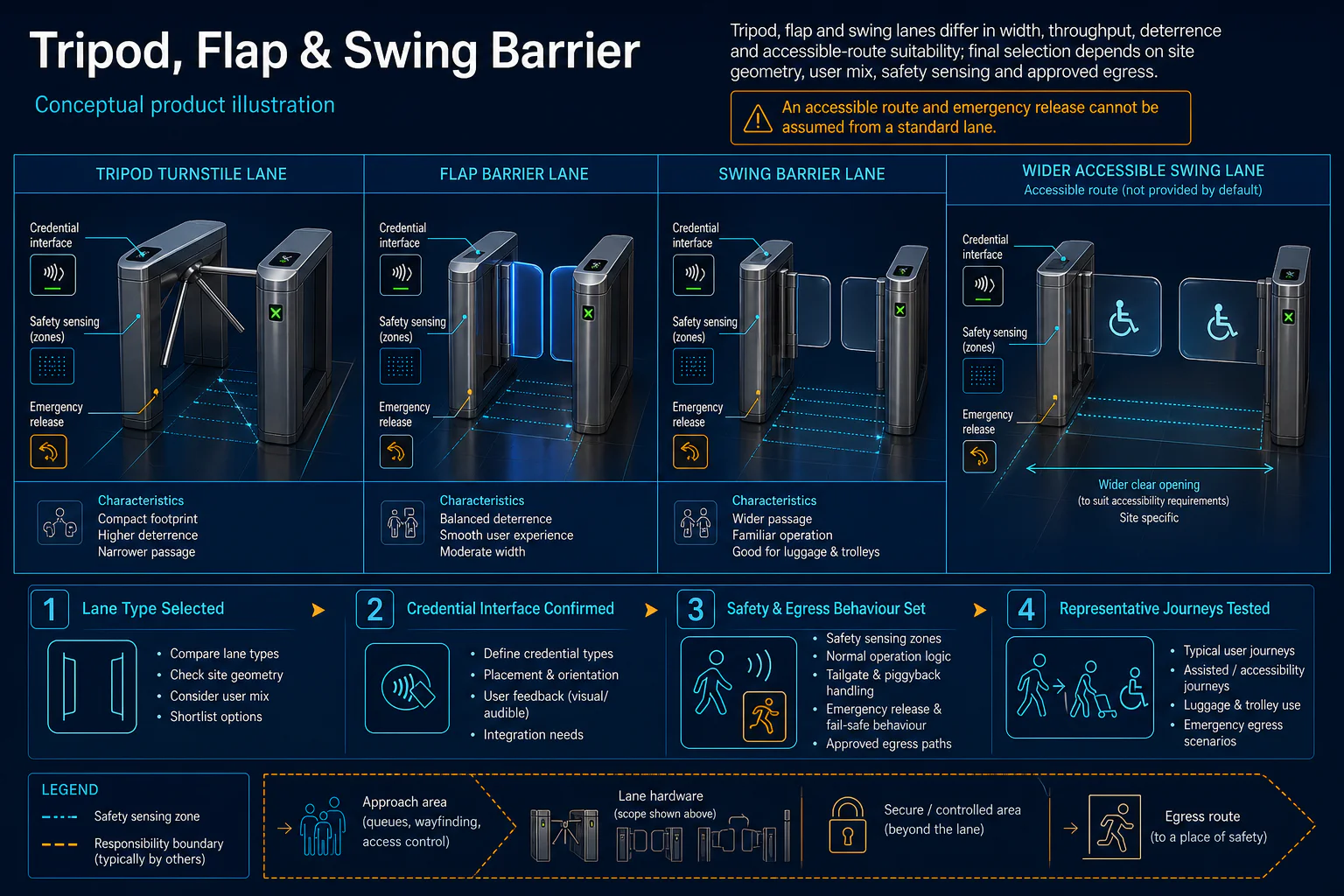 Conceptual Tripod, Flap and Swing Barrier canvas comparing lane hardware, credential interfaces, safety sensing, emergency release and a separately planned accessible route.