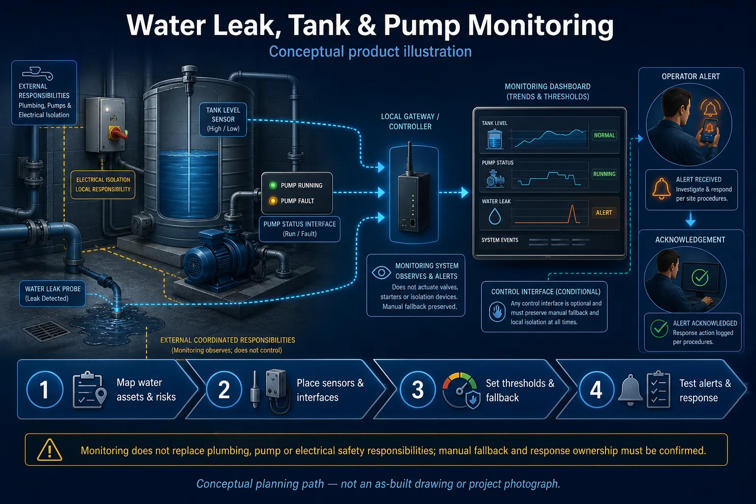Conceptual Water Leak / Energy / Environmental Monitoring Service in Kuching system context. Water Leak / Energy / Environmental Monitoring Service in Kuching combines the installed-system path with the stated service mode; diagnosis and corrective scope remain subject to inspection and approval.