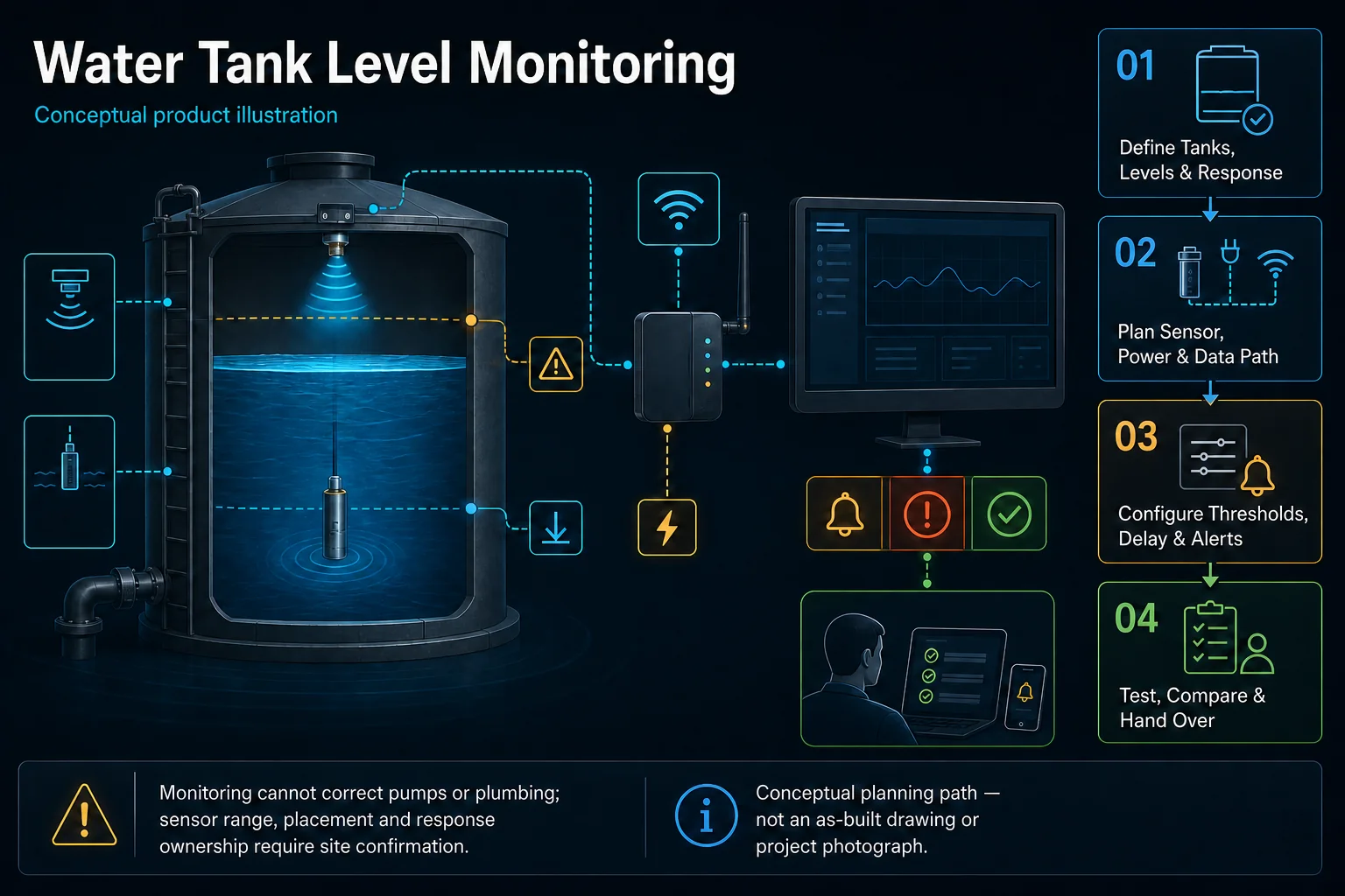 Conceptual Water Tank Level Monitoring canvas showing a generic tank cutaway, non-contact and in-tank sensor concepts, gateway, blank trend view, thresholds, alerts and response ownership boundary.