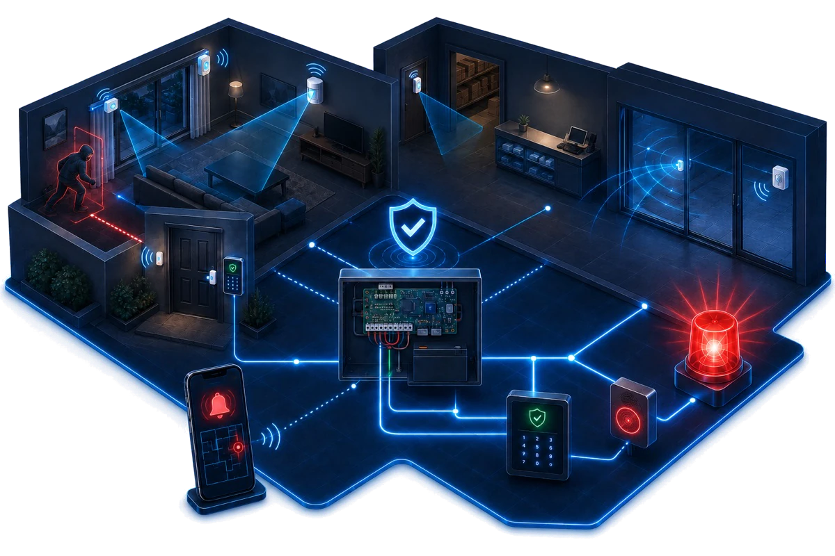Conceptual illustration of an HJ alarm and detection solution linking a control panel, wired and wireless detectors, keypad, siren, mobile alert and protected rooms.