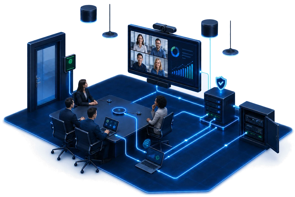 Conceptual illustration of an HJ audiovisual and collaboration solution linking a meeting-room display, video-conferencing camera, microphones, speakers, network and AV equipment rack.