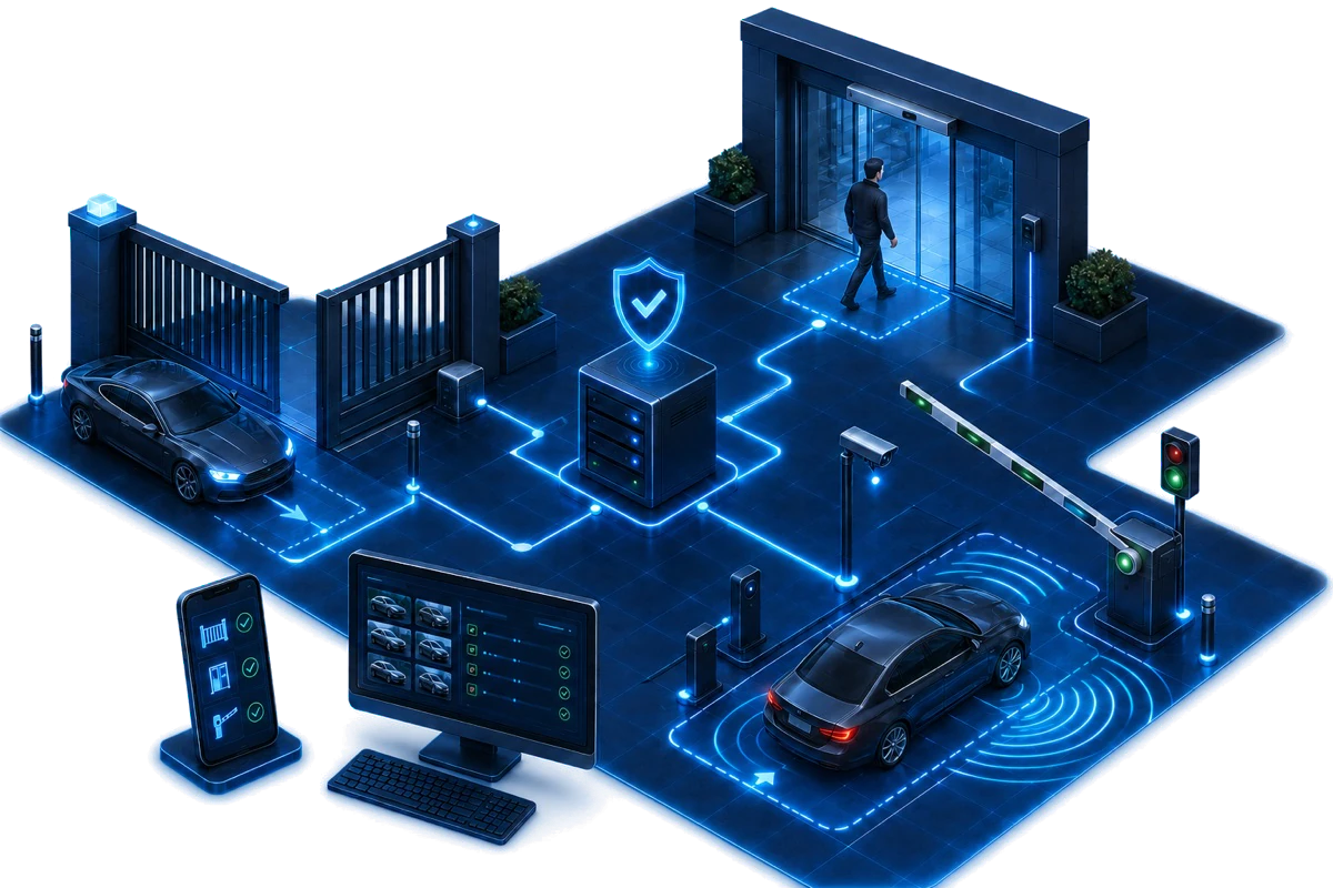 Conceptual illustration of an HJ entrance and parking solution linking an autogate, barrier gate, LPR camera, vehicle safety detection and automatic door.