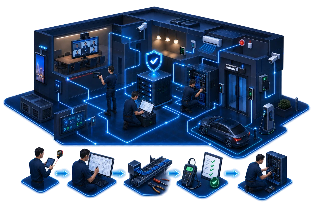 Conceptual illustration of HJ ELV Complete delivery coordinating audiovisual, CCTV, access control, alarm, network and commissioning workflow within one building.