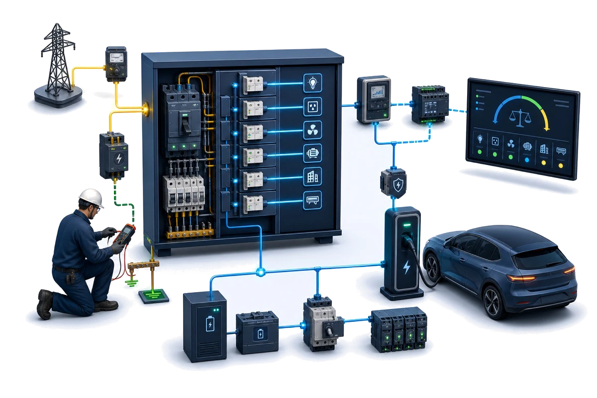Conceptual illustration of an HJ electrical power and energy solution linking utility supply, distribution and protection, metering, load management, backup power and EV charging.