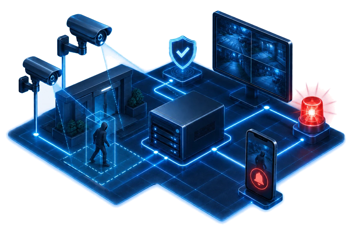Conceptual illustration of an HJ video security solution linking CCTV cameras, recording, monitoring, mobile alerts and an active-deterrence warning.